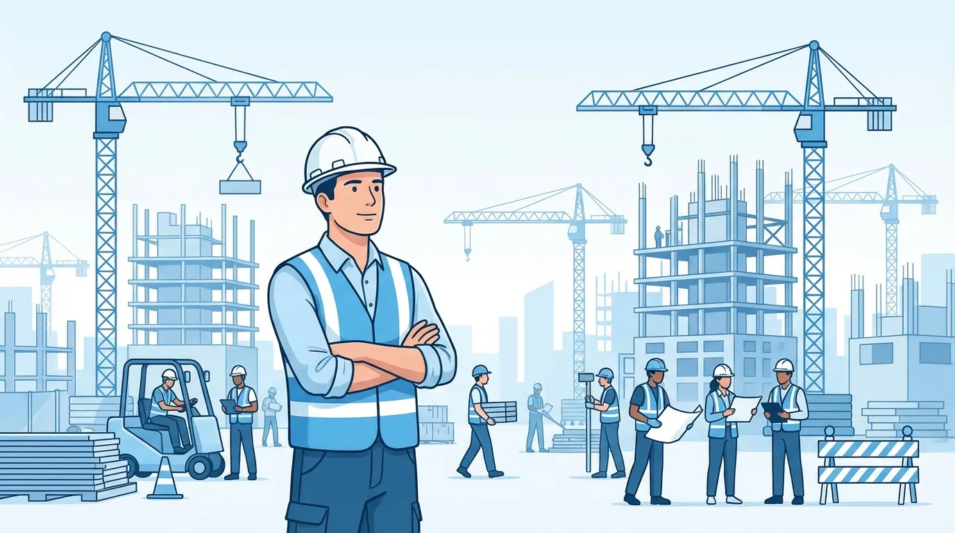 Construction business owner in a hard hat and safety vest at an active jobsite